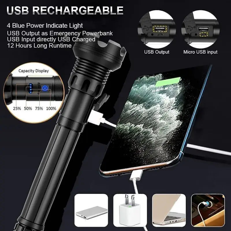 LED Rechargeable Tactical Flashlight 90000 High Lumens